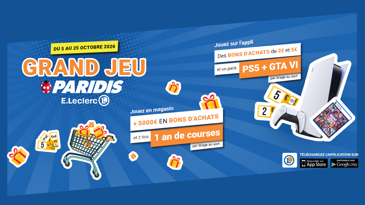 Participez à notre Grand Jeu pour tenter de gagner jusqu'à 1 an de courses dans votre E.Leclerc PARIDIS